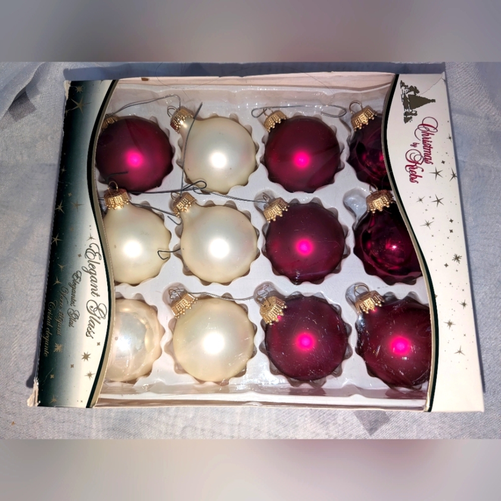 VTG Set of 12 Krebs Burgundy And Cream Satin Christmas Ornaments